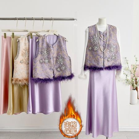 FA49229# 新中式国风女装新款秋冬季圆领刺绣改良加棉时尚亮片绣花马甲 服裝批發女裝批發服飾貨源