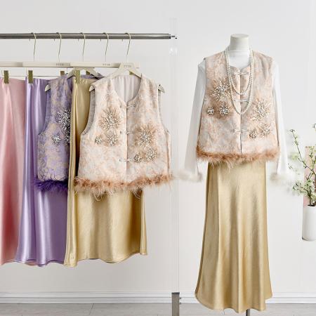 FA49229# 新中式国风女装新款秋冬季圆领刺绣改良加棉时尚亮片绣花马甲 服裝批發女裝批發服飾貨源