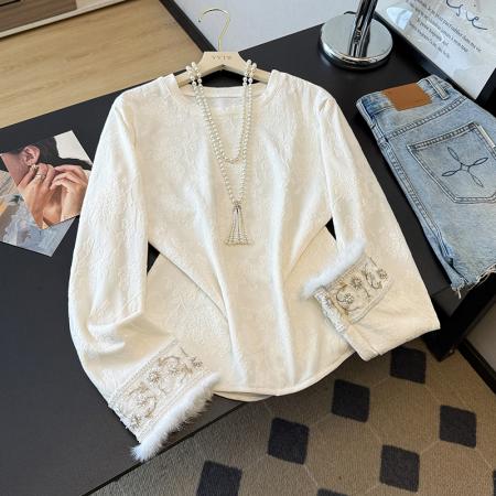 FA49230# 新中式国风打底衫秋冬季新款提花刺绣貂毛百搭显瘦长袖女上衣T恤 服裝批發女裝批發服飾貨源