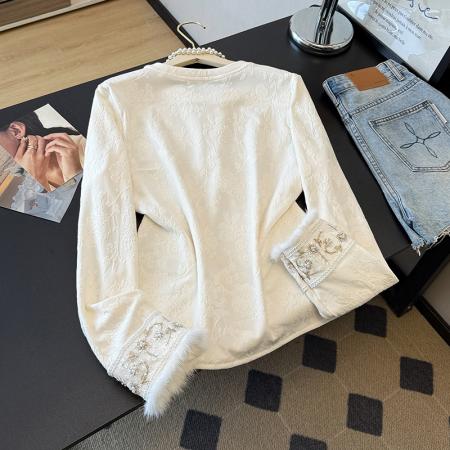 FA49230# 新中式国风打底衫秋冬季新款提花刺绣貂毛百搭显瘦长袖女上衣T恤 服裝批發女裝批發服飾貨源