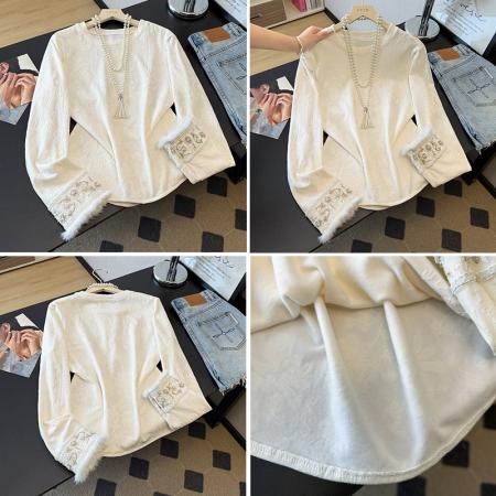 FA49230# 新中式国风打底衫秋冬季新款提花刺绣貂毛百搭显瘦长袖女上衣T恤 服裝批發女裝批發服飾貨源