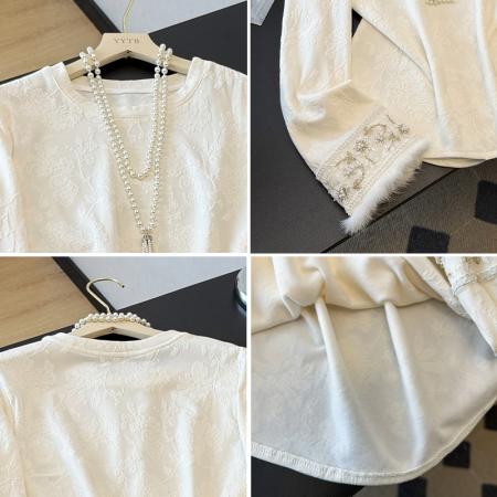 FA49230# 新中式国风打底衫秋冬季新款提花刺绣貂毛百搭显瘦长袖女上衣T恤 服裝批發女裝批發服飾貨源