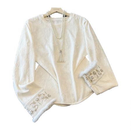 FA49230# 新中式国风打底衫秋冬季新款提花刺绣貂毛百搭显瘦长袖女上衣T恤 服裝批發女裝批發服飾貨源