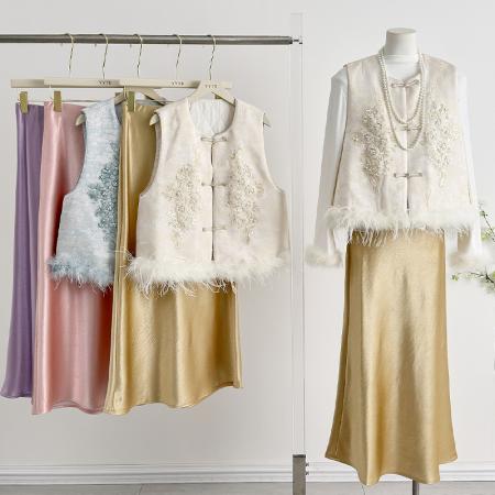 FA49231# 新中式国风马甲女士唐装新款鸵鸟毛洋气高级感马夹背心上衣 服裝批發女裝批發服飾貨源