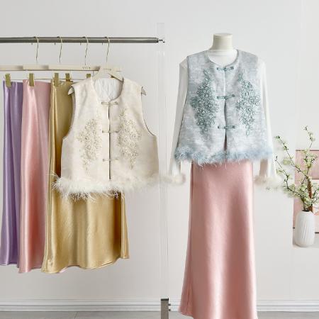 FA49231# 新中式国风马甲女士唐装新款鸵鸟毛洋气高级感马夹背心上衣 服裝批發女裝批發服飾貨源