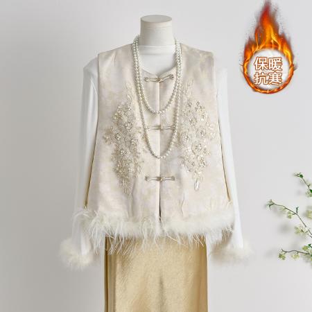 FA49231# 新中式国风马甲女士唐装新款鸵鸟毛洋气高级感马夹背心上衣 服裝批發女裝批發服飾貨源