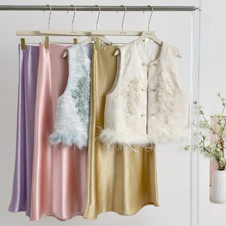 FA49231# 新中式国风马甲女士唐装新款鸵鸟毛洋气高级感马夹背心上衣 服裝批發女裝批發服飾貨源