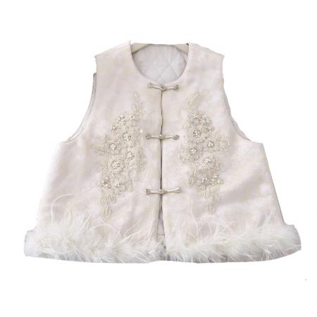 FA49231# 新中式国风马甲女士唐装新款鸵鸟毛洋气高级感马夹背心上衣 服裝批發女裝批發服飾貨源