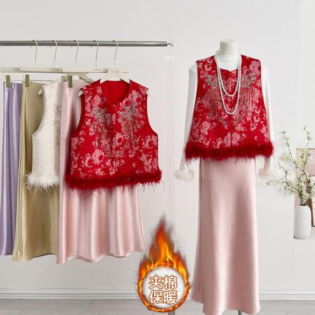 FA49232# 新中式国风女装新款秋冬季圆领刺绣改良加棉时尚亮片绣花马甲 服裝批發女裝批發服飾貨源