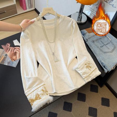 FA49233# 新中式国风打底衫秋冬季新款提花刺绣貂毛百搭显瘦长袖女上衣T恤 服裝批發女裝批發服飾貨源