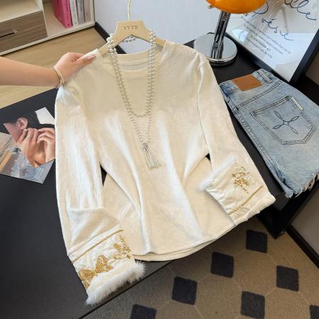 FA49233# 新中式国风打底衫秋冬季新款提花刺绣貂毛百搭显瘦长袖女上衣T恤 服裝批發女裝批發服飾貨源