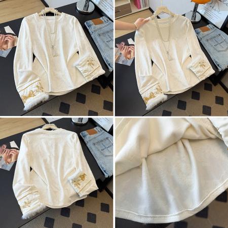 FA49233# 新中式国风打底衫秋冬季新款提花刺绣貂毛百搭显瘦长袖女上衣T恤 服裝批發女裝批發服飾貨源