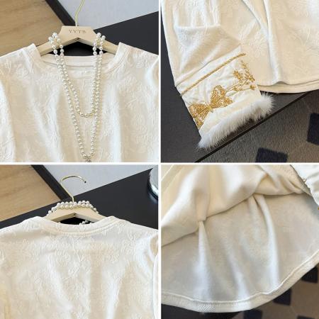 FA49233# 新中式国风打底衫秋冬季新款提花刺绣貂毛百搭显瘦长袖女上衣T恤 服裝批發女裝批發服飾貨源