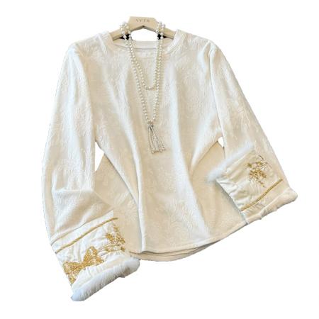 FA49233# 新中式国风打底衫秋冬季新款提花刺绣貂毛百搭显瘦长袖女上衣T恤 服裝批發女裝批發服飾貨源