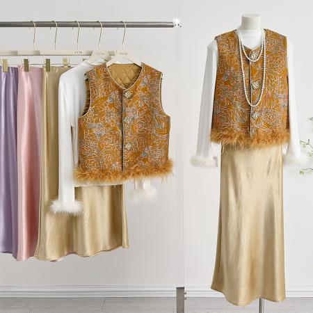 FA49234# 秋冬新款时尚百搭圆领宽松提花鸵鸟毛柔软舒适上衣马甲上衣 服裝批發女裝批發服飾貨源