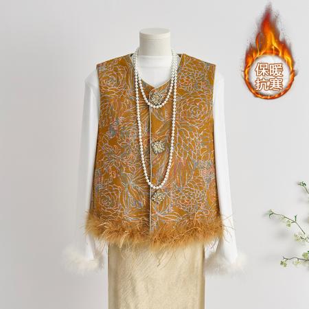 FA49234# 秋冬新款时尚百搭圆领宽松提花鸵鸟毛柔软舒适上衣马甲上衣 服裝批發女裝批發服飾貨源