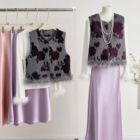 FA49235# 国风夹棉马甲女植绒提花鸵鸟毛上衣秋新款新中式盘扣坎肩背心 服裝批發女裝批發服飾貨源