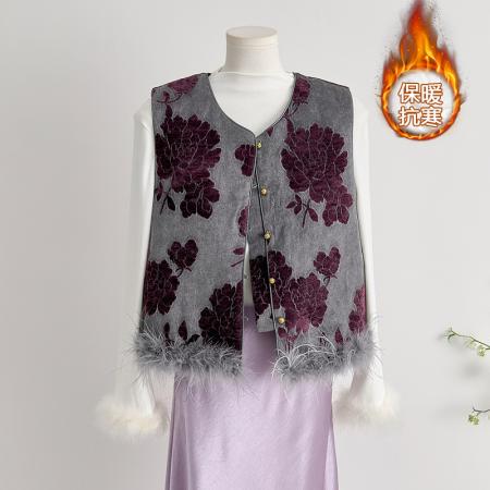 FA49235# 国风夹棉马甲女植绒提花鸵鸟毛上衣秋新款新中式盘扣坎肩背心 服裝批發女裝批發服飾貨源