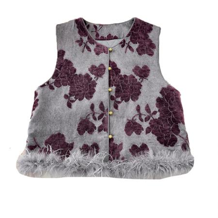 FA49235# 国风夹棉马甲女植绒提花鸵鸟毛上衣秋新款新中式盘扣坎肩背心 服裝批發女裝批發服飾貨源