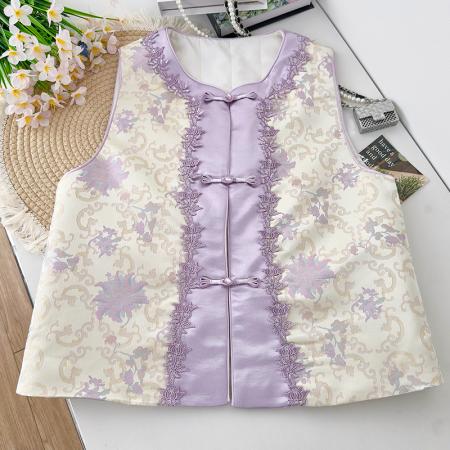 FA49236# 气质优雅新中式国风圆领盘扣钉珠刺绣仙气上衣马甲 服裝批發女裝批發服飾貨源