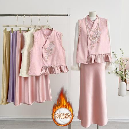 FA49237# 新中式重工刺绣亮片串珠拼接水貂毛马甲秋冬新款国风加棉马夹 服裝批發女裝批發服飾貨源