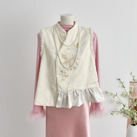 FA49237# 新中式重工刺绣亮片串珠拼接水貂毛马甲秋冬新款国风加棉马夹 服裝批發女裝批發服飾貨源