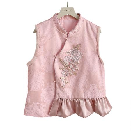 FA49237# 新中式重工刺绣亮片串珠拼接水貂毛马甲秋冬新款国风加棉马夹 服裝批發女裝批發服飾貨源