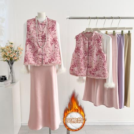 FA49238# 高级感洋气粉色新中式水貂毛马甲女秋冬夹棉外穿国风背心上衣 服裝批發女裝批發服飾貨源
