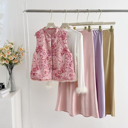 FA49238# 高级感洋气粉色新中式水貂毛马甲女秋冬夹棉外穿国风背心上衣 服裝批發女裝批發服飾貨源