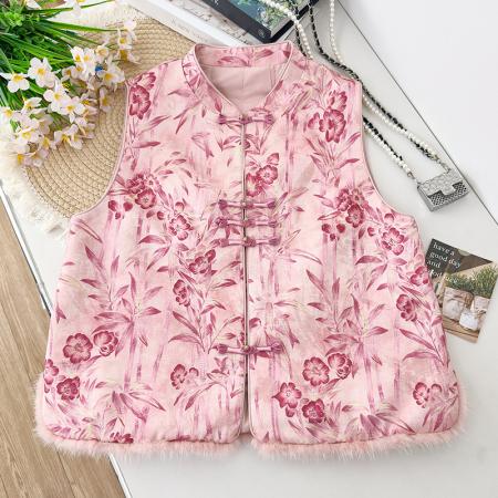 FA49238# 高级感洋气粉色新中式水貂毛马甲女秋冬夹棉外穿国风背心上衣 服裝批發女裝批發服飾貨源