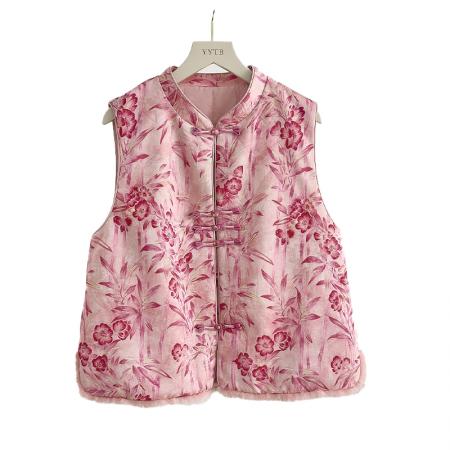 FA49238# 高级感洋气粉色新中式水貂毛马甲女秋冬夹棉外穿国风背心上衣 服裝批發女裝批發服飾貨源