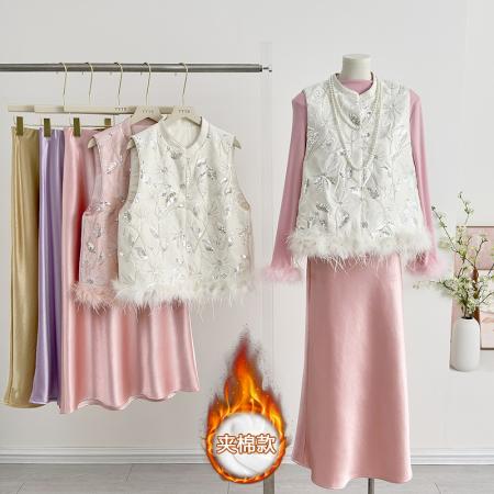 FA49239# 新中式国风女装新款秋冬季立领刺绣改良加棉时尚亮片绣花马甲 服裝批發女裝批發服飾貨源