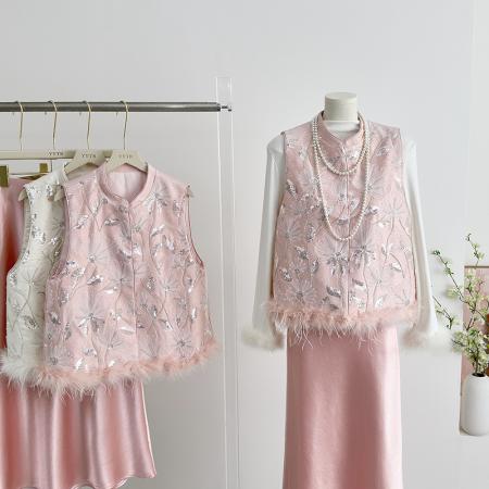 FA49239# 新中式国风女装新款秋冬季立领刺绣改良加棉时尚亮片绣花马甲 服裝批發女裝批發服飾貨源