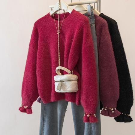 FA49240# 大码钉珠新年毛衣洋气红色显瘦针织衫遮肉显瘦百搭上衣女 服裝批發女裝批發服飾貨源