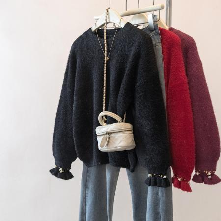 FA49240# 大码钉珠新年毛衣洋气红色显瘦针织衫遮肉显瘦百搭上衣女 服裝批發女裝批發服飾貨源