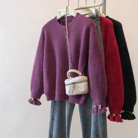 FA49240# 大码钉珠新年毛衣洋气红色显瘦针织衫遮肉显瘦百搭上衣女 服裝批發女裝批發服飾貨源