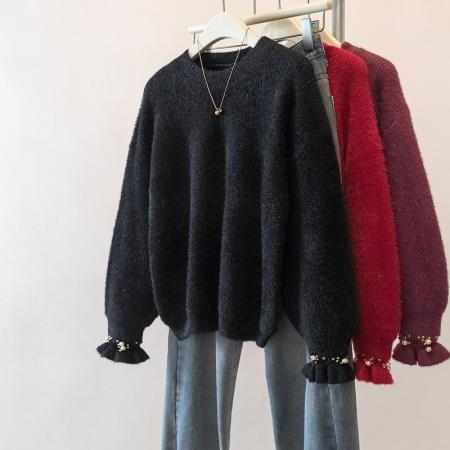 FA49240# 大码钉珠新年毛衣洋气红色显瘦针织衫遮肉显瘦百搭上衣女 服裝批發女裝批發服飾貨源