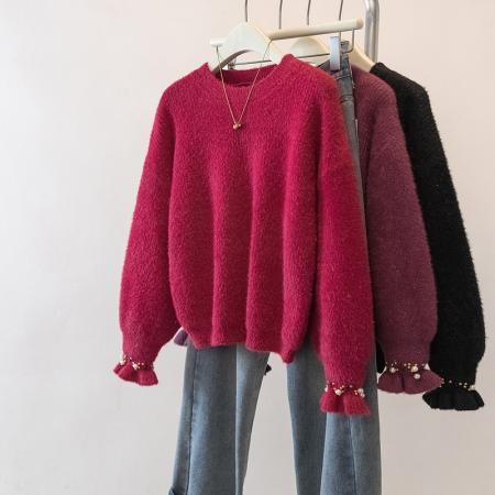 FA49240# 大码钉珠新年毛衣洋气红色显瘦针织衫遮肉显瘦百搭上衣女 服裝批發女裝批發服飾貨源