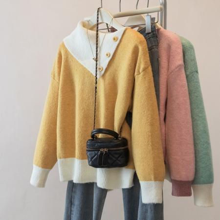 FA49243# 大码设计感撞色翻领针织毛衣冬季新款减龄显瘦洋气百搭上衣女 服裝批發女裝批發服飾貨源