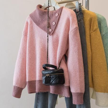 FA49243# 大码设计感撞色翻领针织毛衣冬季新款减龄显瘦洋气百搭上衣女 服裝批發女裝批發服飾貨源