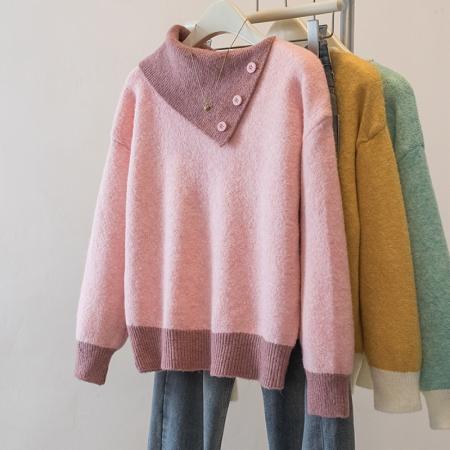 FA49243# 大码设计感撞色翻领针织毛衣冬季新款减龄显瘦洋气百搭上衣女 服裝批發女裝批發服飾貨源