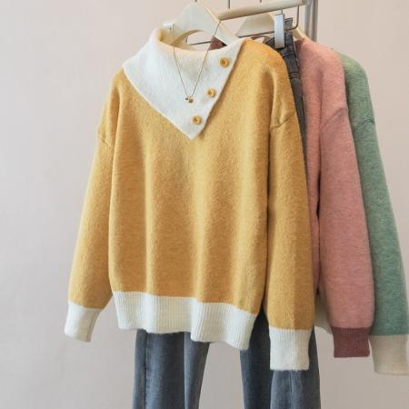 FA49243# 大码设计感撞色翻领针织毛衣冬季新款减龄显瘦洋气百搭上衣女 服裝批發女裝批發服飾貨源