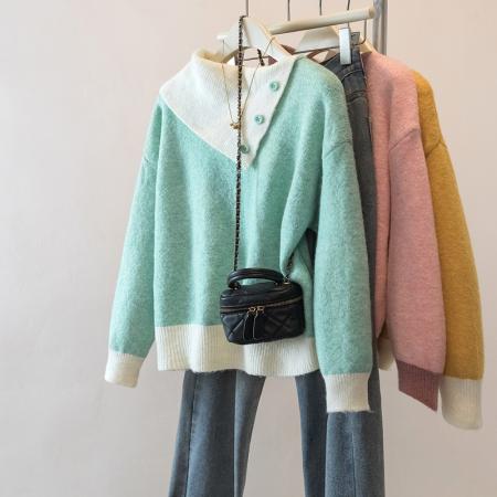 FA49243# 大码设计感撞色翻领针织毛衣冬季新款减龄显瘦洋气百搭上衣女 服裝批發女裝批發服飾貨源