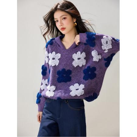 FA49244# 紫色花朵连帽毛衣女秋冬季新款慵懒软糯宽松叠穿上衣针织外套 服裝批發女裝批發服飾貨源