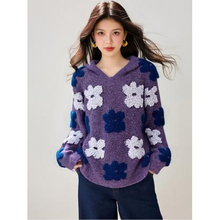 FA49244# 紫色花朵连帽毛衣女秋冬季新款慵懒软糯宽松叠穿上衣针织外套 服裝批發女裝批發服飾貨源