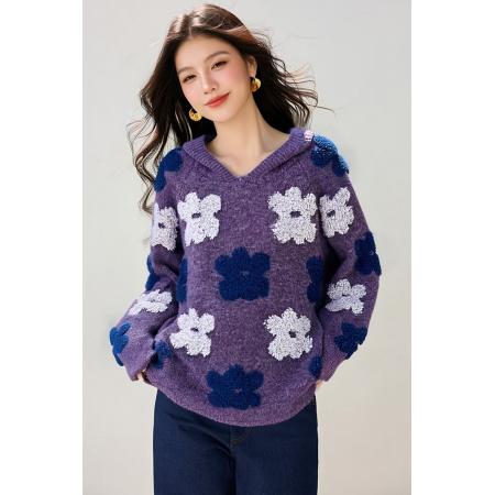FA49244# 紫色花朵连帽毛衣女秋冬季新款慵懒软糯宽松叠穿上衣针织外套 服裝批發女裝批發服飾貨源