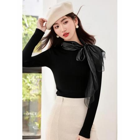 FA49245# 新款温柔风气质飘带蝴蝶结打底衫长袖女修身辣妹针织上衣 服裝批發女裝批發服飾貨源