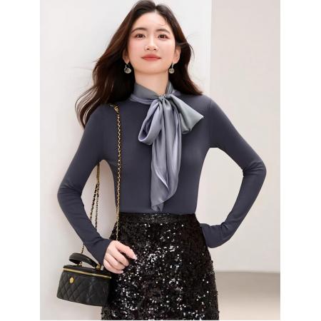 FA49245# 新款温柔风气质飘带蝴蝶结打底衫长袖女修身辣妹针织上衣 服裝批發女裝批發服飾貨源