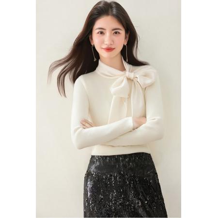 FA49245# 新款温柔风气质飘带蝴蝶结打底衫长袖女修身辣妹针织上衣 服裝批發女裝批發服飾貨源