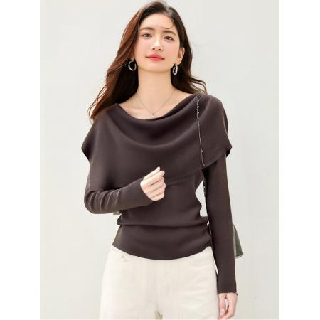 FA49247# 复古韩系v领长袖针织衫女秋季新款小众修身显瘦小衫上衣 服裝批發女裝批發服飾貨源